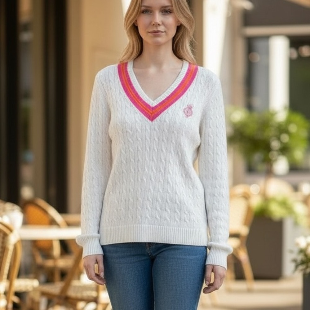 Ralph Lauren cable knit sweater vintage V-Neck white Pink preppy rugby varsity L